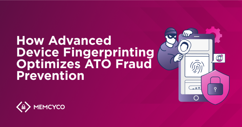 Illustration of a smartphone with a fingerprint icon, shield, and masked figures, alongside text discussing advanced device fingerprinting for ATO fraud prevention.
